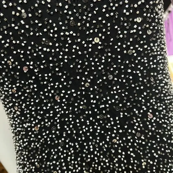 ✨Vintage Papell Boutique Silk Black Beaded Formal Maxi Dress Spaghetti Strap - Picture 2 of 7